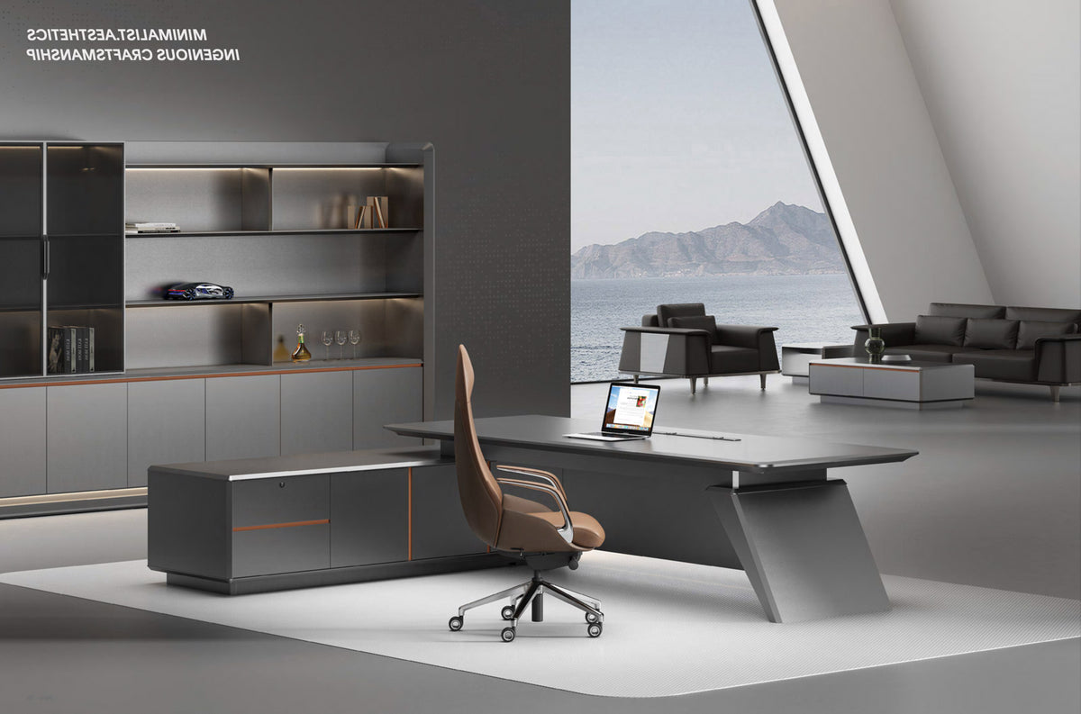 HELIOS 2.4M Executive Office Desk Luxury Desks With Left Return - Silver Grey + Brown