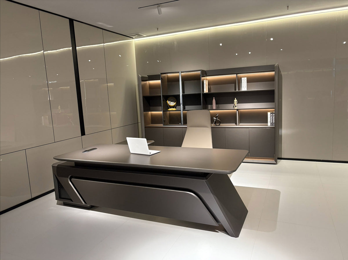 HELIOS 2.4M Executive Office Desk Luxury Desks With Right Return - Silver Grey + Brown