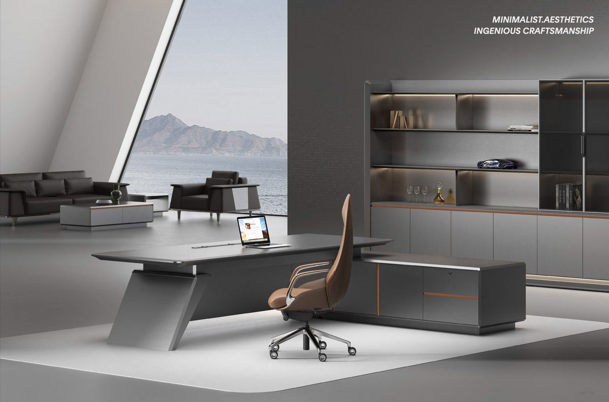 HELIOS modern office setup with a large desk, chair, and shelves in a stylish room.