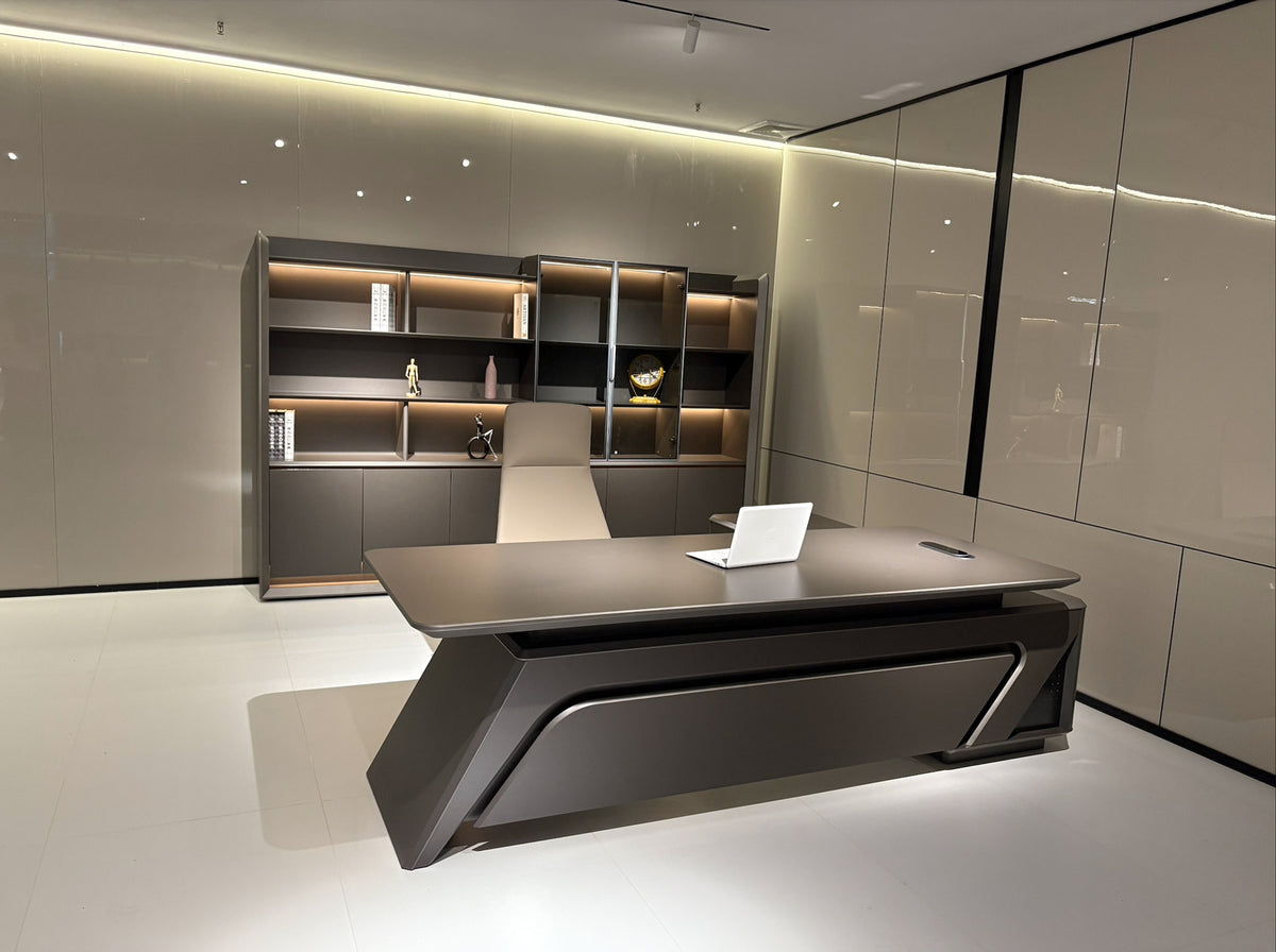 HELIOS 2.4M Executive Office Desk Luxury Desks With Right Return - Silver Grey + Brown