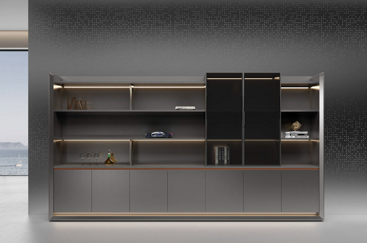 HELIOS modern interior design with a gray wall unit and decorative items.