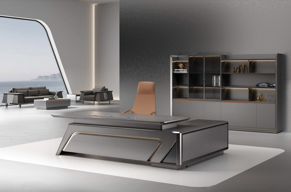 HELIOS 2.4M Executive Office Desk Luxury Desks With Left Return - Silver Grey + Brown