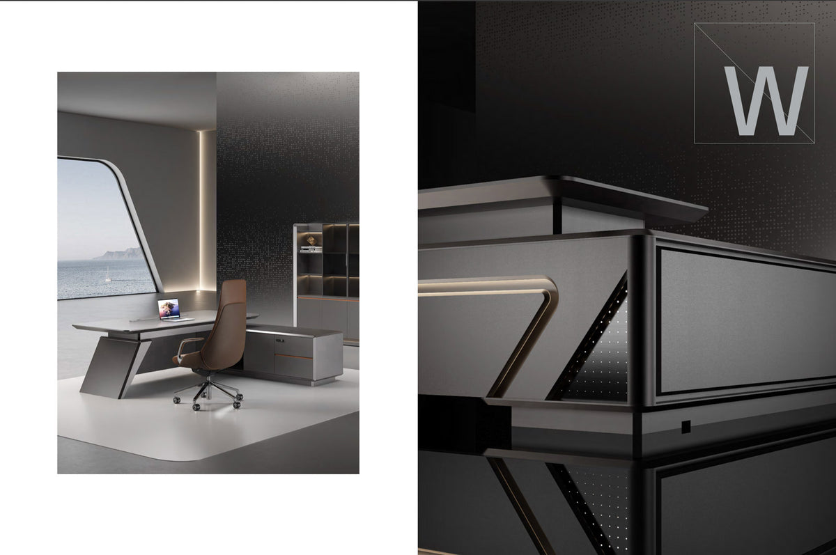HELIOS modern office desk with chair and computer setup, featuring a brand logo on a black background.
