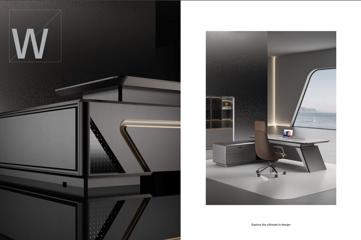 HELIOS 2.4M Executive Office Desk Luxury Desks With Left Return - Silver Grey + Brown