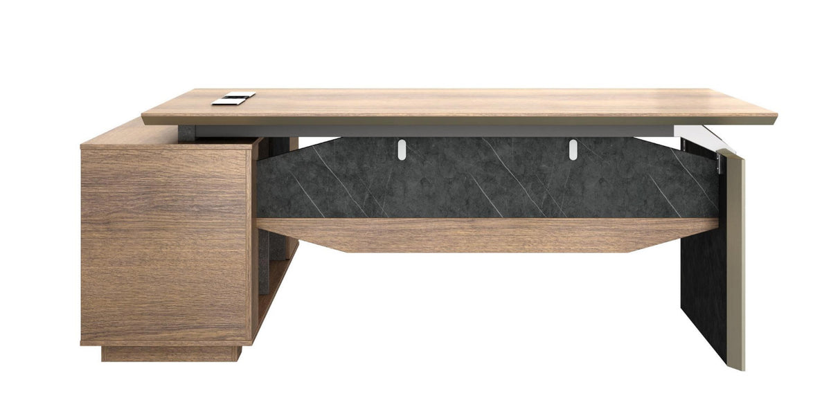 2.0m Knight Executive office desk with return in brown oak color, featuring a desktop thickness of 4cm, metal handles and cable management system, set against a bookcase background.