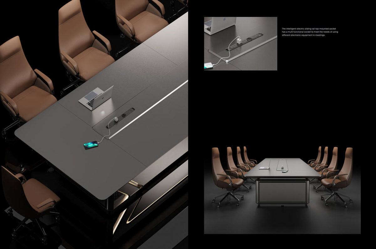 HELIOS modern conference table with chairs in a darkly lit room
