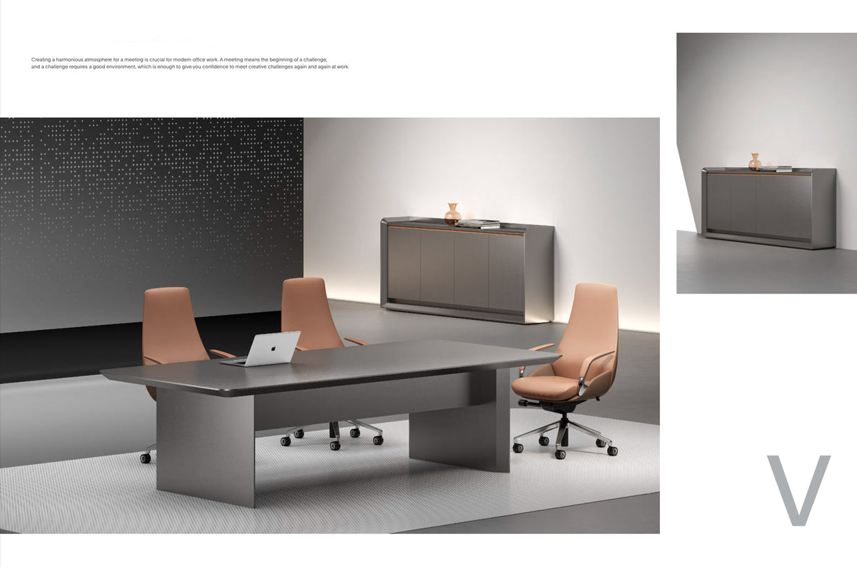 HELIOS modern office desk with chairs and a wall-mounted cabinet in a minimalistic setting.