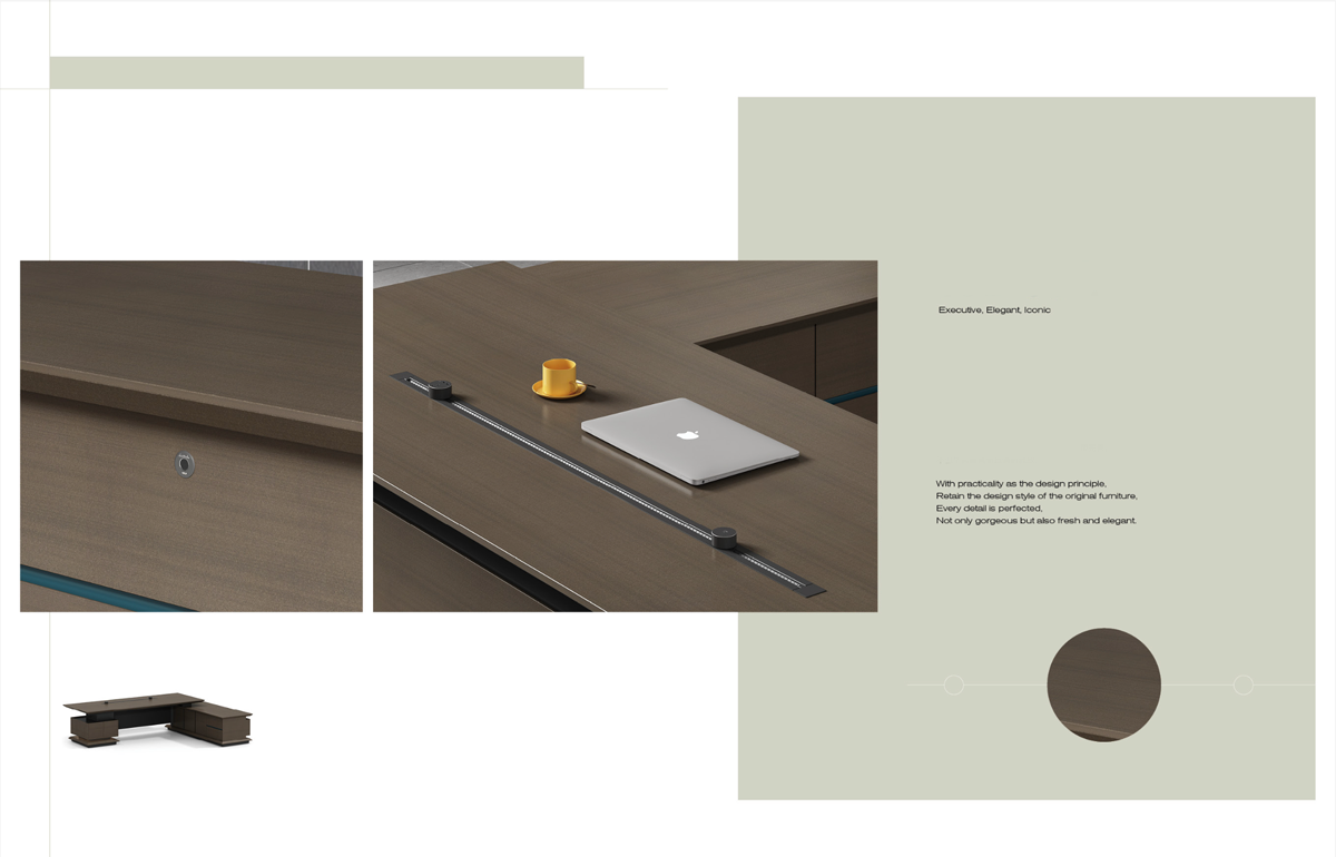 Collage of office furniture including a desk, chair, and laptop on a neutral background.
