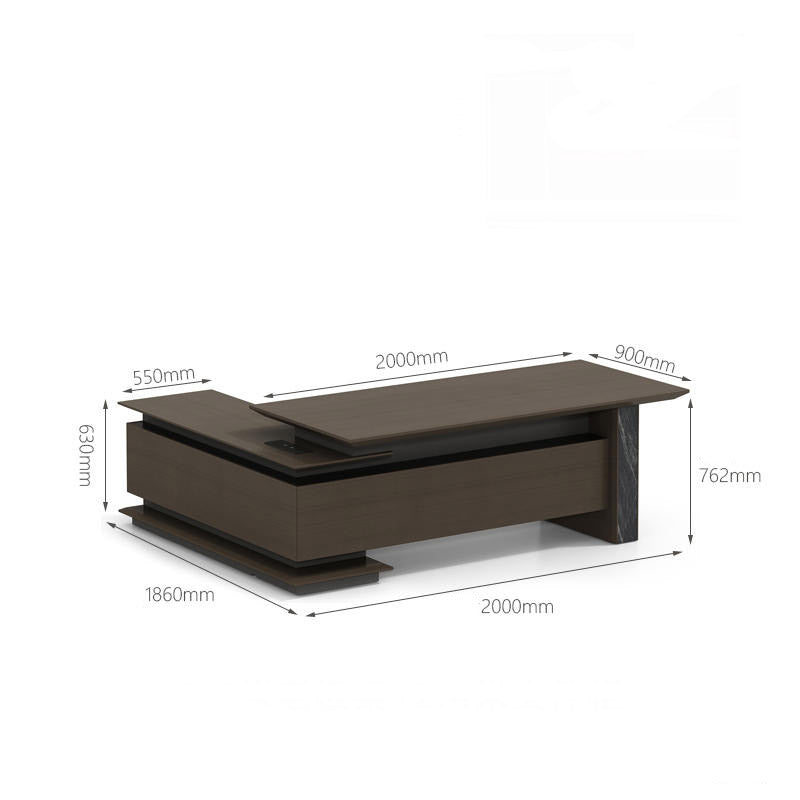 Dimensions of a dark brown L-shaped desk on a white background