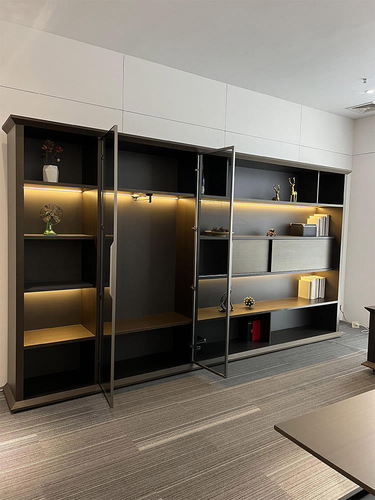 Modern interior design with a large black and glass bookshelf in a room.