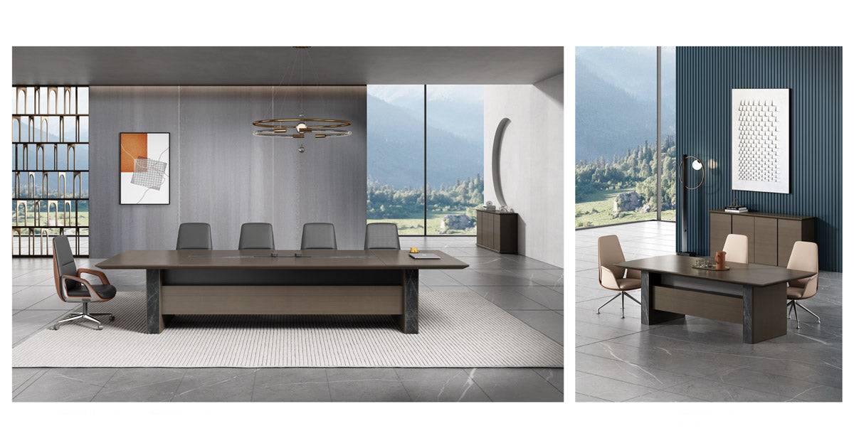 Two office conference tables with chairs in a modern office setting.