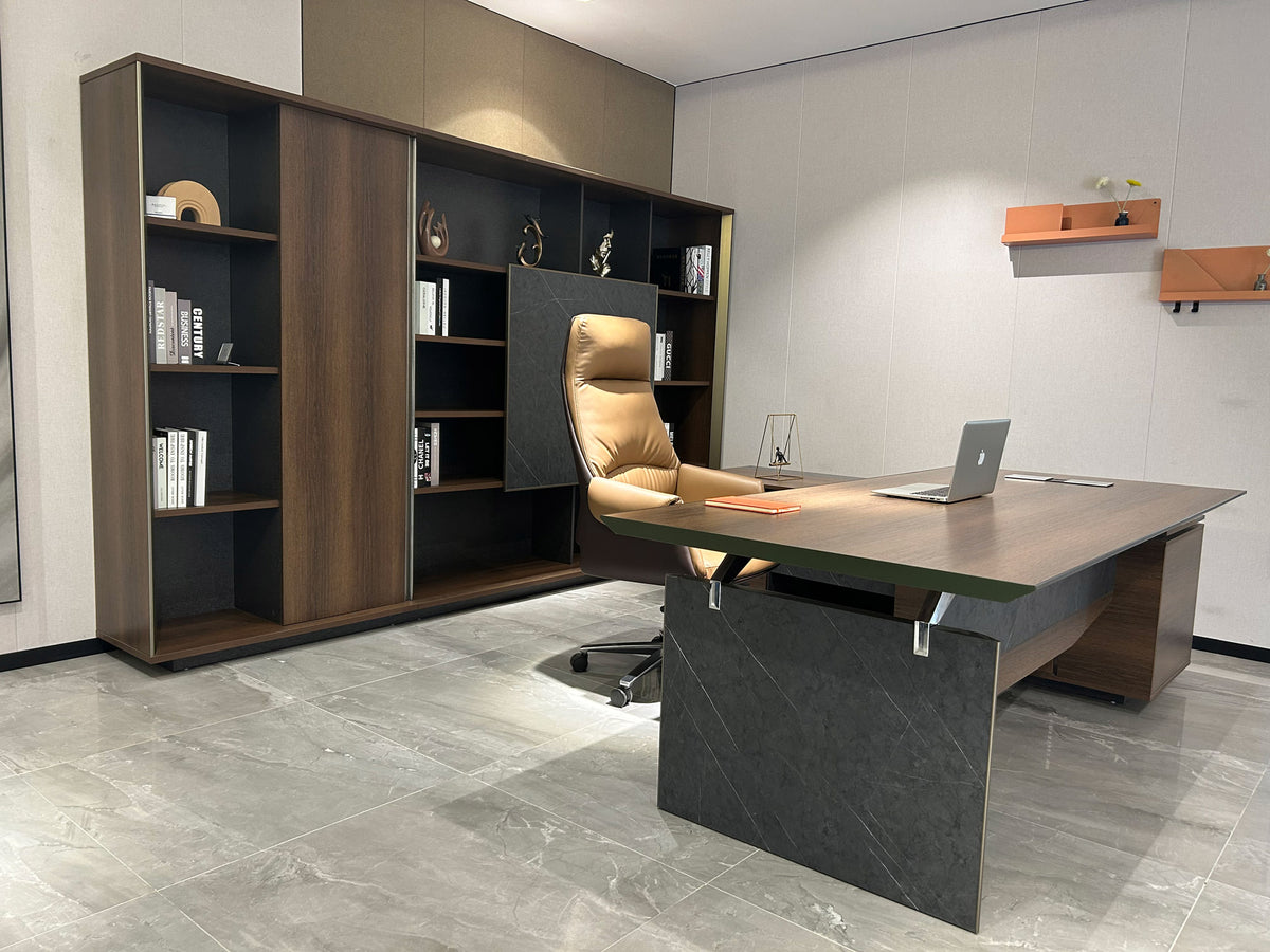 Knight Modern office setup with a large desk, chair, and bookshelves.