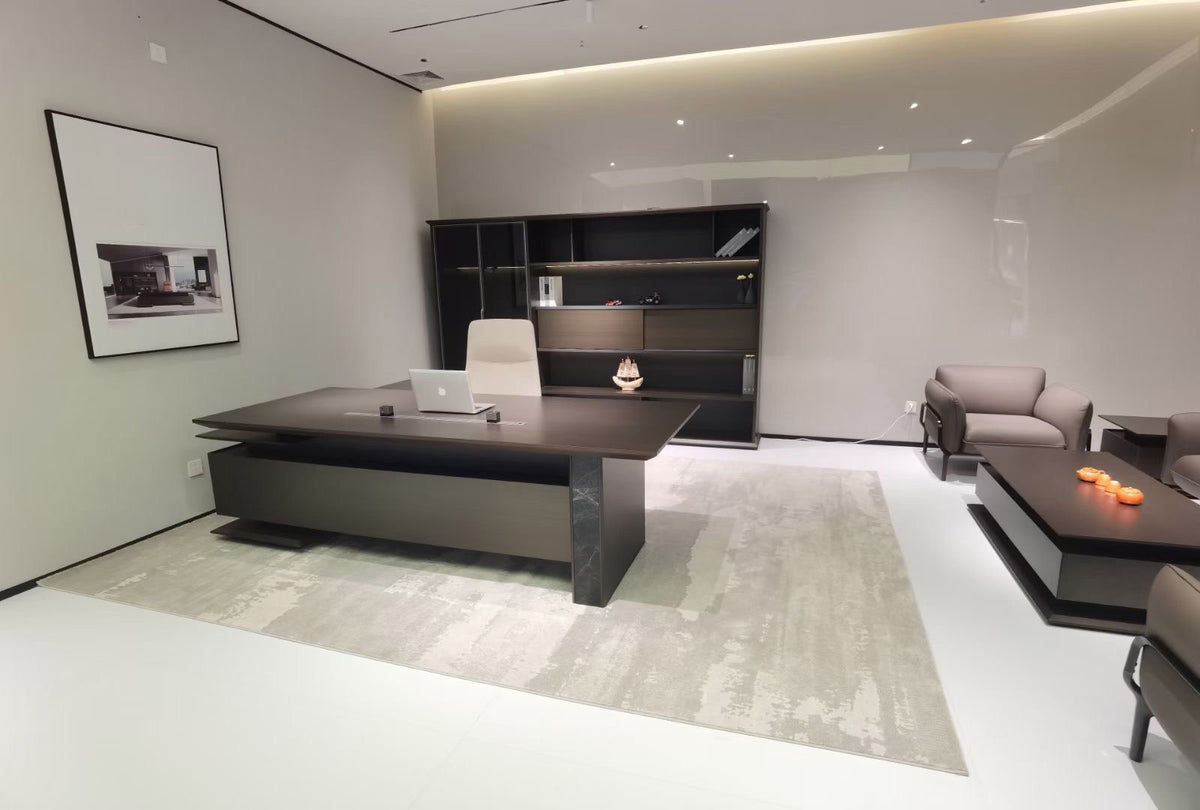 Modern office interior with a desk, chairs, and decor.