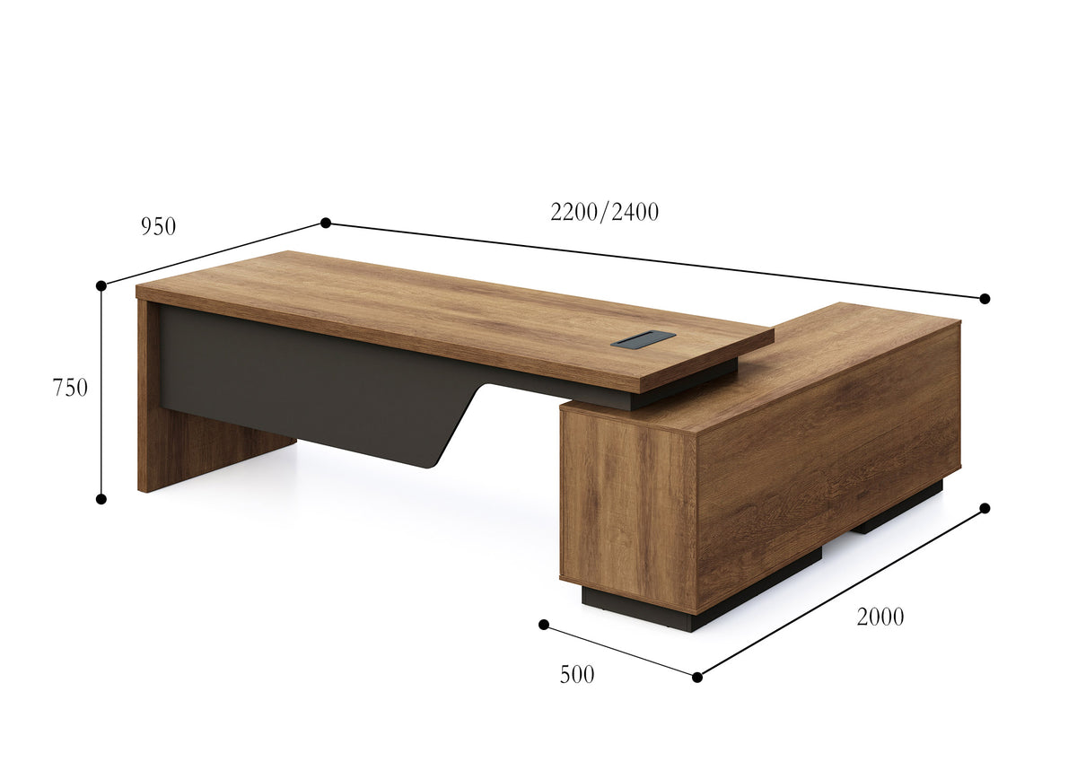 Wooden office desk with dimensions labeled on a white background